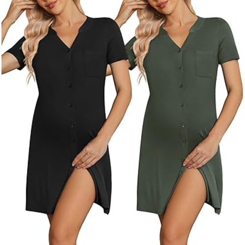Ekouaer 2 Pack Maternity Nightgown Button Down Nursing Gown 3 in 1 Breastfeeding Sleepwear V Neck Short Sleeve Delivery Dress