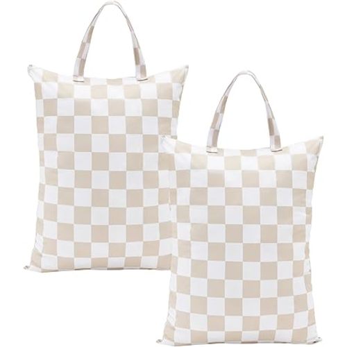 Checkered 2 Pcs Large Travel Laundry Bags for Dirty Clothes, Aesthetic Trendy Waterproof Washable Laundry Bag with Handle for Travel, Gym, Swimming Pool, Beige