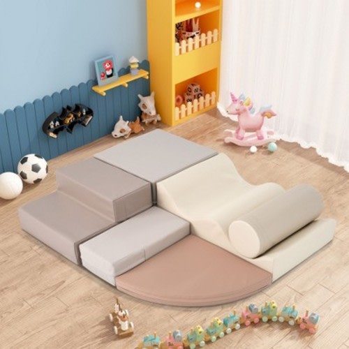 HOMEFUN Soft Climb and Crawl Foam Playset 6 in 1, Soft Play Equipment Climb and Crawl Playground for Kids,Coffee color series