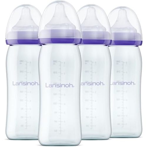 Lansinoh Anti-Colic Glass Baby Bottles for Breastfeeding Babies, 8 Ounces, 4 Count Bottles for Feeding, Baby Essentials, Includes 4 Medium Flow Nipples, Size M