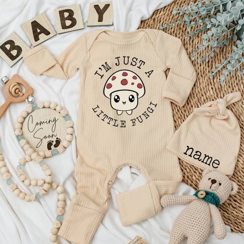 Funny Mushroom Baby bodysuit and hat set, Just A Little Fungi, New baby coming, Unisex Baby gift, Going home outfit, Baby keepsake, newborn
