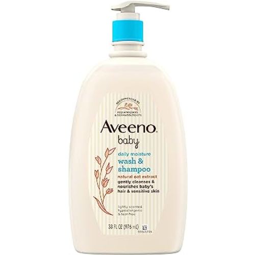Aveeno Baby Daily Moisture Gentle Bath Wash & Shampoo with Natural Oat Extract, Hypoallergenic, Tear-Free & Paraben-Free Formula For Sensitive Hair & Skin, Lightly Scented, 33 fl. oz