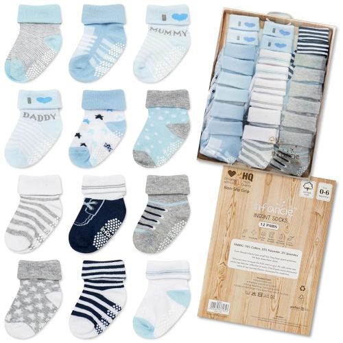 Baby Socks 12 Pairs - Non-Slip Infant Grip for Newborns & Toddlers 0-6 Months, Boys & Girls, Safe for Walking