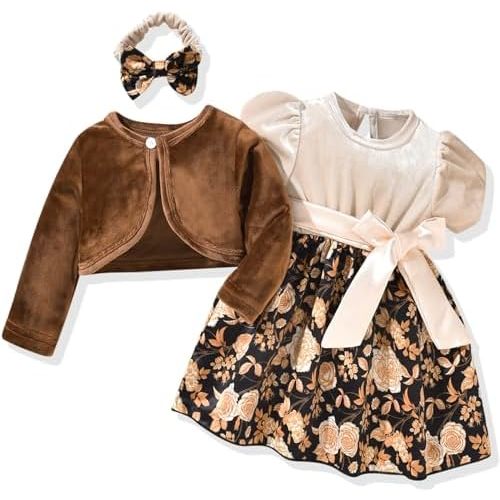 fioukiay Conjunto de vestido y cárdigan de terciopelo para niñas pequeñas, casual, estampado floral, vestidos de otoño para invierno con diadema