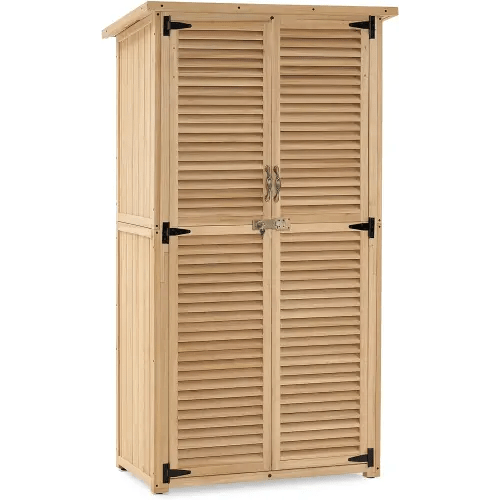 MCombo Outdoor Wooden Storage Cabinet, Garden Tool Shed with Latch, Outside Tools Wood Cabinet with Double Doors for Patio 0808 (Natural, Medium)