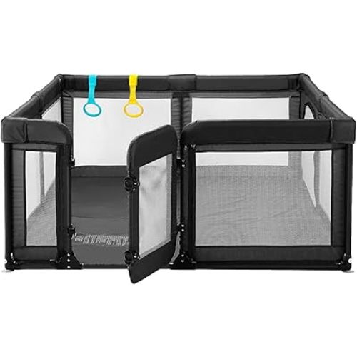 Sturdy Baby Fence with Safety Gate - Large Play Yard for Toddlers, Soft Breathable Mesh, 79'x71' Baby Gate Playpen, Black