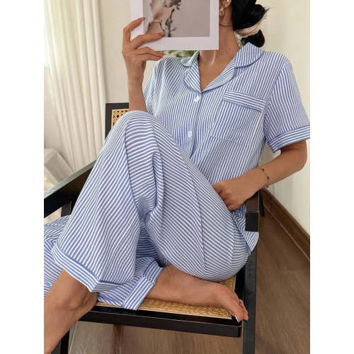 Striped Lapel Short Sleeve Pajama Set Blue White Stripes Women Sleepwear