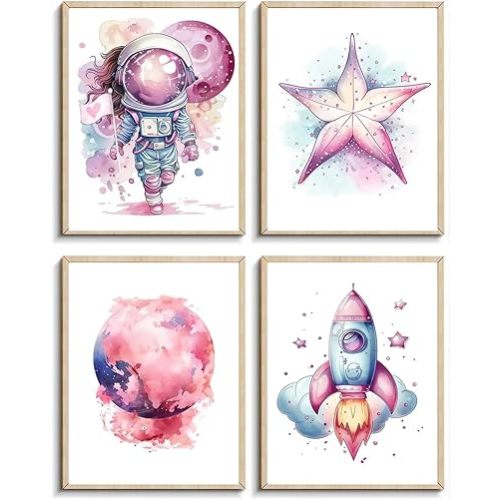 MOCVSWO Pink Outer Space Wall Art Prints,Watercolour Star Rocket Astronaut Posters for Nursery Decor Girls Room Decor Kids Bedroom Boys Playroom Classroom Decor,Set Of 4 (8X10inch,Unframed).