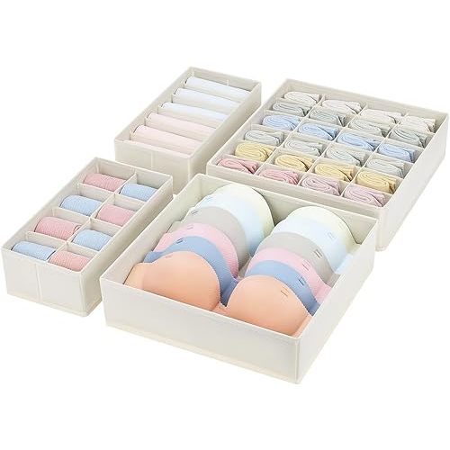 Drawer Organizer Clothes - Foldable Underwear Organizer and Sock Organizer, Bra organizer Fabric Dresser Drawer Organizer Divider for Socks, Bra, Underwear, Tie, 4 Pack, Beige