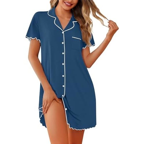 Ekouaer Nightgowns for Women Button Down Sleep Shirt Short Sleeve NightShirts Boyfriend Sleepdress Soft Pajama Dress