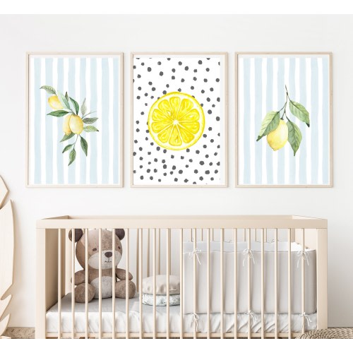 lemons, black polka dot, blue stripe, vintage fun lemon themed baby girl nursery or bedroom decor, 11x14, customizable
