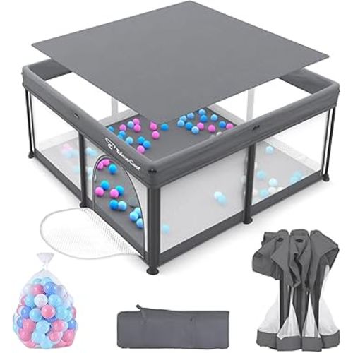 Foldable Baby Playpen for Babies and Toddlers, 50x50 Inch Portable Play Yard, Collapsible Play Pen with Mat, Visible Mesh, 50 Ocean Balls, Indoor/Outdoor Baby Fence Activity Center for Home