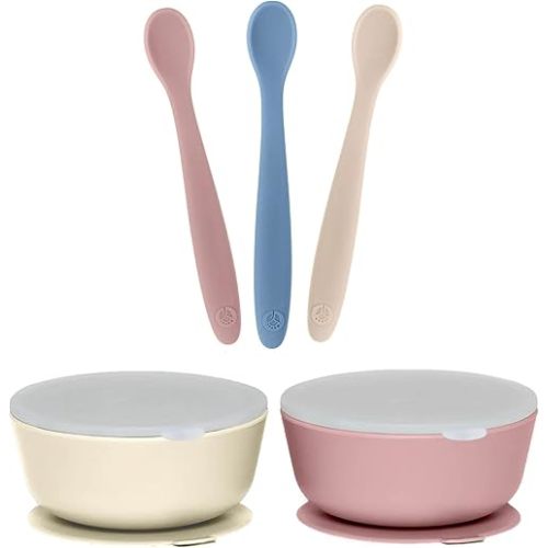 WeeSprout 3 Silicone Baby Spoons & 2 Bowls with Lids Bundle - Soft-Tip, Bendable Feeding Utensils - Durable, Travel-Friendly, Dishwasher Safe - Blue & Purple