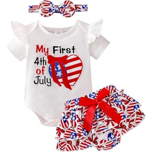 My 1st 4th Of July Baby Girl Outfits Newborn Clothes Ruffled Romper American Flag Infant Dress Headband 0-18 Months