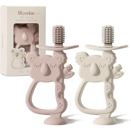 Moonkie Teething Toy Set of 2, Safe & Easy to Hold BPA Free Silicone Teethers, 360° Baby Toothbrush with Suction Base, Teether Toys Best for Babies 6-12 Months (Koala Blush/Shifting Sand)
