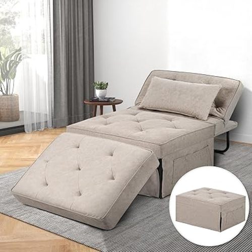Convertible Sofa Bed, 4 in 1 Multi-Function Folding Ottoman Bed with Adjustable Backrest, Modern Pull Out Sleeper Chair for Living Room Apartment Office (Plus Beige, 36" Width-Large)