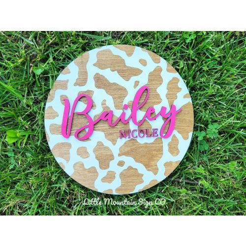 3D Cow Print Name Sign, Personalized Nursery Round Sign, boy/girl Sign, Baby Announcement, Birth Name Sign, Farmhouse Decor, Kid, Door Sign