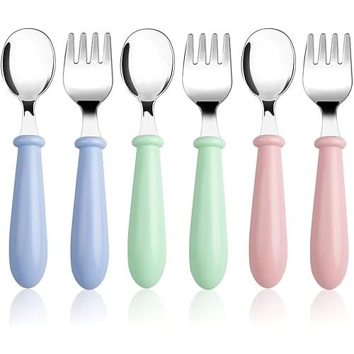 Pimoys 6 Pieces Toddler Utensils Kids Silverware Baby Forks and Spoons Set, Stainless Steel Childrens Safe Flatware Metal Kids Cutlery Set with Round Handle, Dishwasher Safe