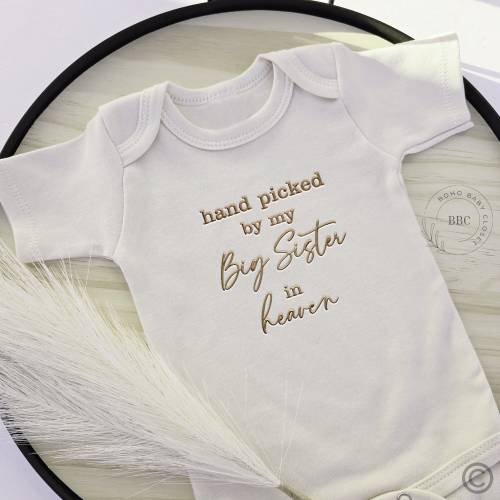 Embroidered Hand Picked by My Big Sister In Heaven Onesie® Brand, Bodysuit, Custom Onesie® Pregnancy Announcement, Baby Shower sibling 829