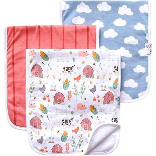 Copper Pearl Premium Baby Burp Cloths - 3-Pack Large Cotton Burp Cloths, Extra Soft Spit Up Rags with 3 Absorbent Layers, Perfect for Baby Boy and Baby Girl Gifts (21" x 10" Size, Farmstead Set)