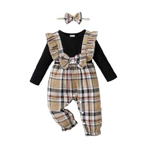 Newborn Infant Baby Girl Clothes Fall Winter Plaid Long Sleeve Jumpsuit One Piece Romper Bodysuit Baby Overalls Outfits