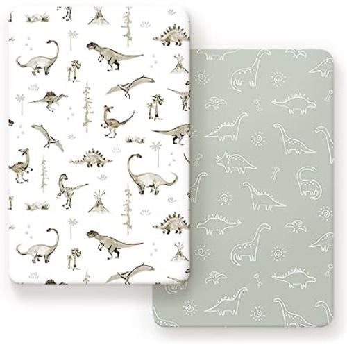 Stretch Ultra Soft Jersey Knit Fitted Pack n Play Sheets Set 2 Pack, Portable/Mini Crib Sheets for Boys and Girls,Dinosaur