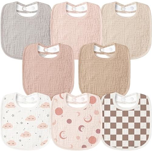 Susurration Muslin Baby Drool Bibs 8Pack Soft Square Adjustable Baby Bandana Bibs for Unisex Girls & Boys (Brown Checkered)