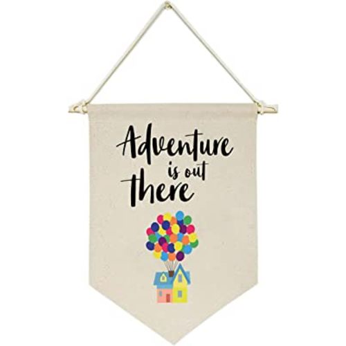 Adventure Is Out There -Canvas Hanging Flag Banner Wall Sign Decor Gift for Baby Kids Girl Boy Nursery Teen Room Front Door - Hydrogen Balloon, Travel Around the World
