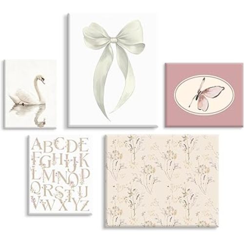 Girl Nursery Wall Art Vintage Canvas Wall Decor Baby Room Pictures Floral Swan Art Prints White Bow Poster Pink Butterfly Painting Vintage Nursery Artwork for Girls Room 8x10x5 Inch Ready to Hang