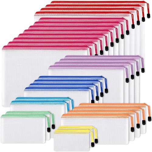 EOOUT 30pcs Mesh Zipper Pouch Bags, 8 Sizes Plastic Bags, 8 Colors Waterproof Pouches with slide fastener for Organization, Multipurpose for Travel, School Supplies, Office and Home Organization