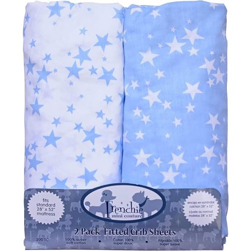 Fitted Crib Sheets 100% Cotton, Fits Toddler Mattress, Blue Stars, 28 x 52in, 2-Pack