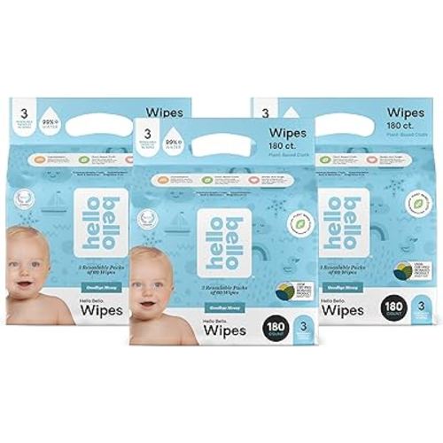 Hello Bello Baby Wipes I Plant Based Wipes for Sensitive Skin Made with 99% Water and Aloe for Babies and Kids I Unscented I 540 Count (9 Packs of 6)