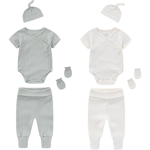 Newborn Infant Baby Boy Girl 100% Cotton Bodysuits Short Sleeve, Pants,Caps and Scratch Mittens Solid Color