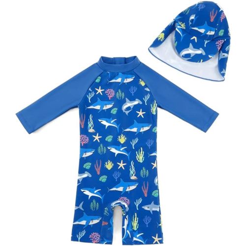 upandfast Baby/Toddler Swimsuit UPF 50+ Sun Protection One Piece Zipper Bathing Suit with Sun Hat Infant Beach Swimwear - Blue Shark(ls) - 6-9 Months