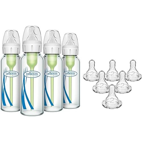 Dr. Brown’s Natural Flow Level 2 Narrow Baby Bottle Silicone Nipple, Medium Flow 3m+ 100% Silicone Bottle Nipple, 6 Count + Dr. Brown's Natural Flow Anti-Colic Options+ Narrow Glass Bottle 8oz 4pck