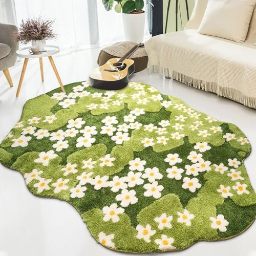 3D Flower Moss Rug Oval, Large Green, Washable, Non-Slip Backing - Aesthetic for Bedroom & Living Room (63"x90", Oval)