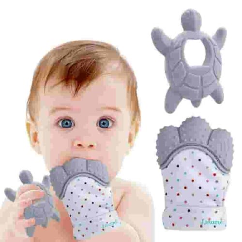Liname Teething Mitten Set - Teething Glove with Teething Toy for Babies - Unisex (Grey)