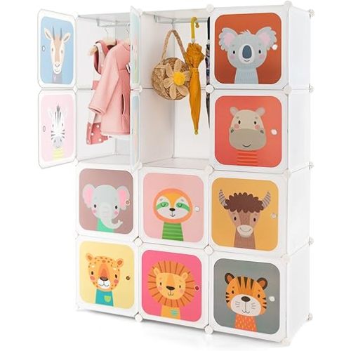 HONEY JOY Kids Wardrobe Closet, Baby Cartoon Clothes Storage Organizer, 12 Cubes & 2 Hanging Sections, Portable Children DIY Modular Bedroom Armoire Dresser Cabinet for Boys Girls (White)