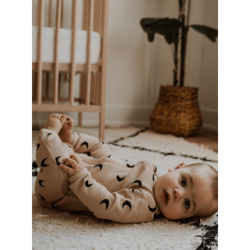 Organic Waffle Basic Zip Romper, Tan/Black Moon