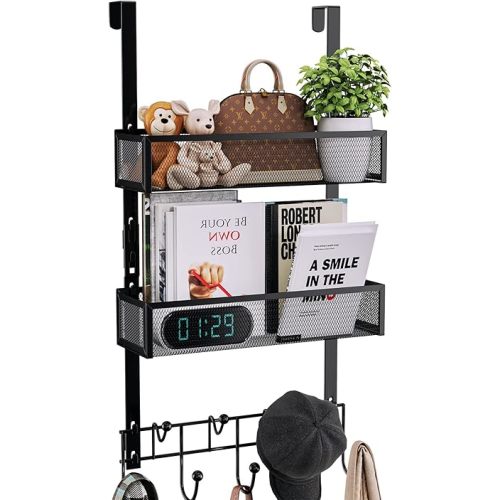 Consumest Over The Door Hooks Organizer - Extra Long Door Hanger with 9 Coat Hooks & 2 Mesh Basket, Back Storage Organizer Hanging Towels for Bathroom, Bedroom, Black (for 1.76 in Doors)
