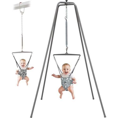 Jolly Jumper ELITE with Convertible Door Clamp (Grey) - Baby Exerciser Bundle with Iconic Doorway Jumper + Premium 6 ft Stand, Adjustable Saddle Seat, Indoor/Outdoor Use, for Infants up to 28 lbs