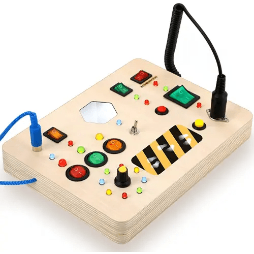 Light Switch Toy for Toddlers Montessori Busy Board w/ Buttons Switches Led Lights Up Pluggable Wires, Toys with Buttons to Push for Kids Aged 3+ Boys Girls Gift Educational Learning Fidget Toy