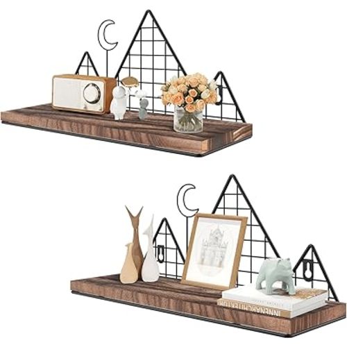 Homode Floating Shelves, Set of 2 Mountain Wall Shelves, Rustic Wood Display Storage Shelf with Metal Wire, Geometric Decor for Bathroom, Nursery, Bedroom, Office, Brown and Black