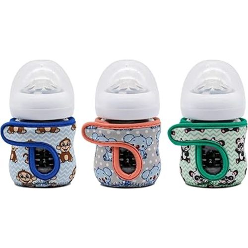 Sleeve Covers for 4 oz Philips Avent Glass Baby Bottle | Adjustable Sleeves | Heat and Cold Retention | Neoprene - Juice Cleanse | Non Slip Grip | Set of 3… (Panda, Koala, Monkey)