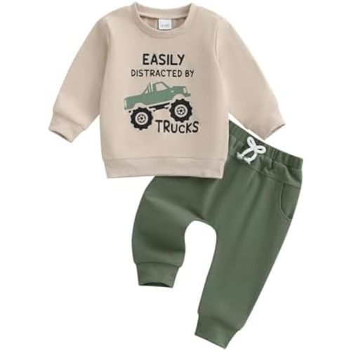 WZTYYDS Toddler Baby Boy Fall Clothes Letter Truck Long Sleeve Pullover Sweatshirt Tops Joggers Pants Set Winter Outfits
