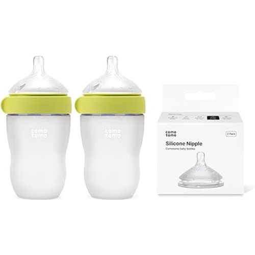 Silicone Baby Bottles Anti Colic Feeding Bundle – Comotomo Gen 2 8oz Baby Bottle Set (2 Pack Green) + Fast Flow Replacement Nipples – Breast Like Silicone Bottle for Bottle Feeding Babies