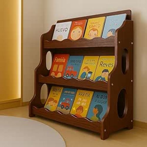 Wood Kids Bookshelf,WalnutWood GrainPattern | Dutch Design Scalloped Montessori Toddler Book Shelf 3Tier Wooden Furniture