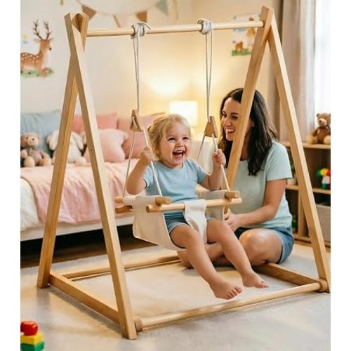 Wooden Baby Swing Set, Montessori Toddle Foldable Lounger with Seat Belt