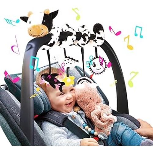 Stuffed Spiral Car Seat Toys, 0-6 Months Giraffe Stroller Activity Baby Infant Carseat Toys Hanging Including Dinosaur Rattles| Sun Mirror| Rainbow Cloud| Dolphin Bibi, Babies Gifts