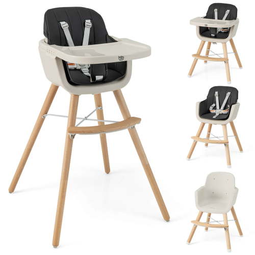 Babyjoy 3 in 1 Convertible Wooden High Chair Toddler Feeding Chair with Cushion Black